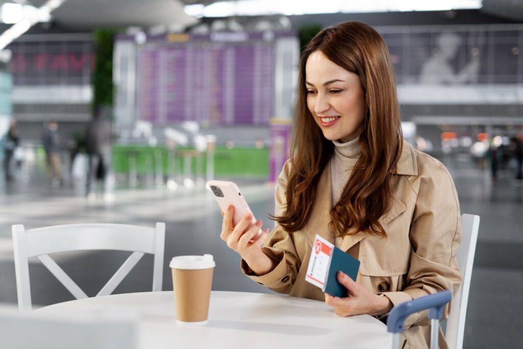 Women, sitting at the airport with her passport and boarding pass. She's looking at her phone
